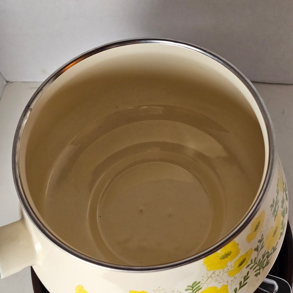 MCM 1970s Enamel‎ Fondue Pot Cottagecore Yellow Floral Poppies Japan Analog - Picture 6 of 10